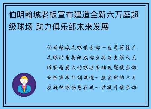 伯明翰城老板宣布建造全新六万座超级球场 助力俱乐部未来发展 伯明翰城老板宣布建造全新六万座超级球场 助力俱乐部未来发展