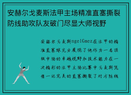 安赫尔戈麦斯法甲主场精准直塞撕裂防线助攻队友破门尽显大师视野